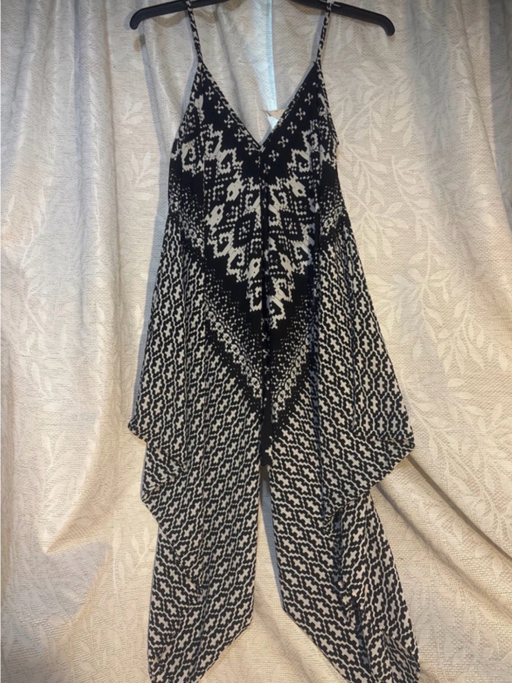 Bohemian Black & Cream Patterned Handkerchief-Hem Jumpsuit /Romper